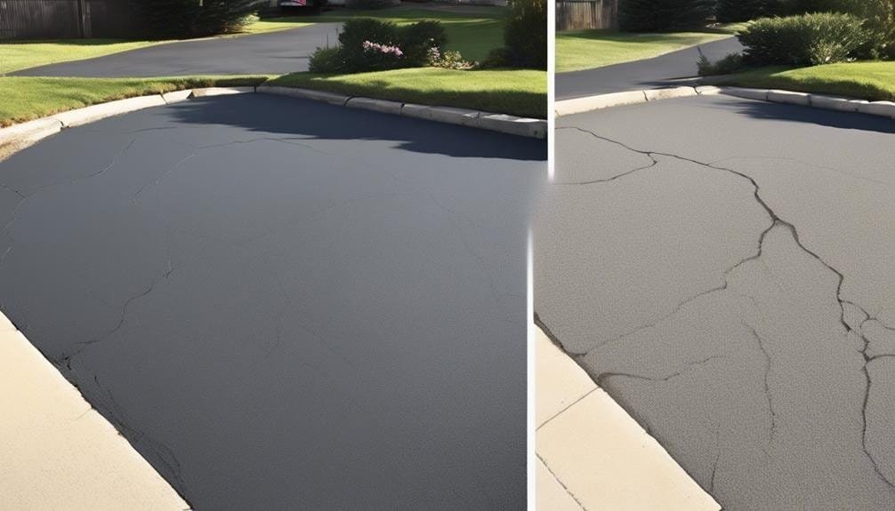 The image shows a freshly paved driveway with a smooth asphalt finish, bordered by green grass and shrubbery. It has a slight curve, enhancing its visual appeal and functionality.