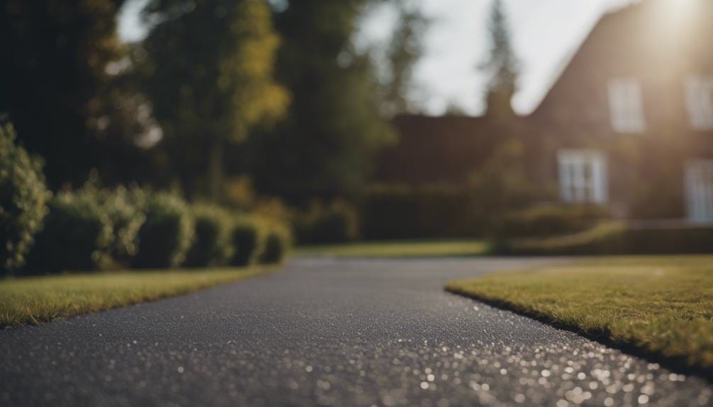 Freshly laid asphalt on a residential street, bordered by well-manicured lawns.