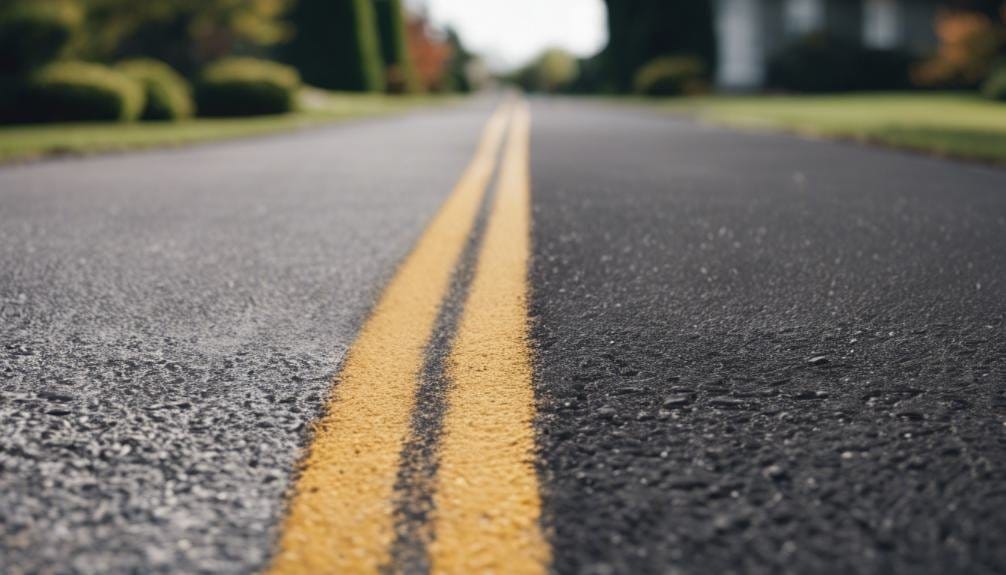 A newly paved residential street with fresh asphalt and crisp lane markings.