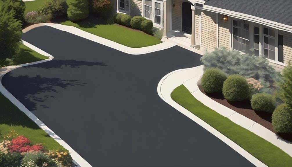 The image shows a freshly paved asphalt parking lot, with clear lines marking parking spaces. A row of green trees and a blue sky are visible in the background, indicating a well-maintained area.