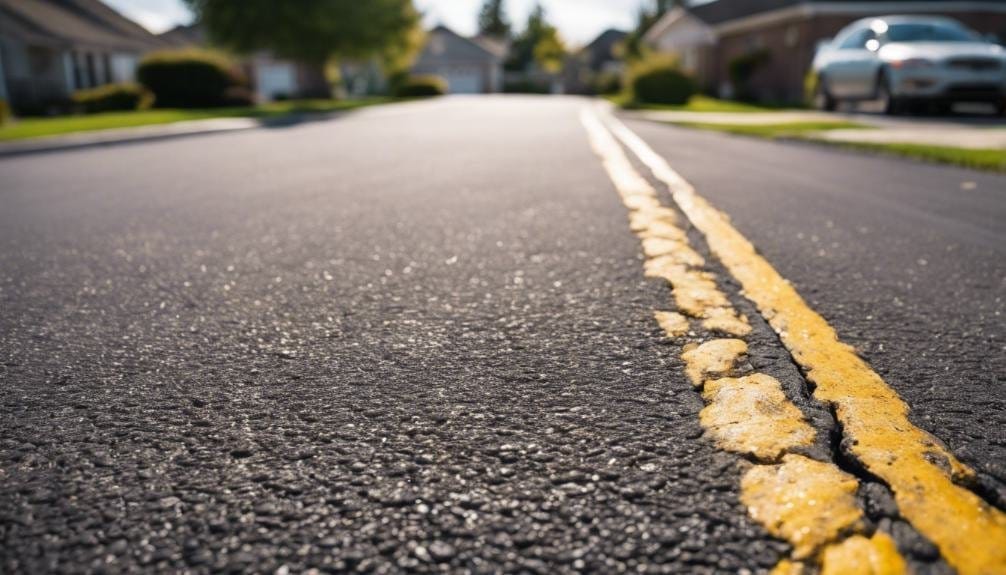 A work crew sealing a residential driveway, with equipment visible in the background.