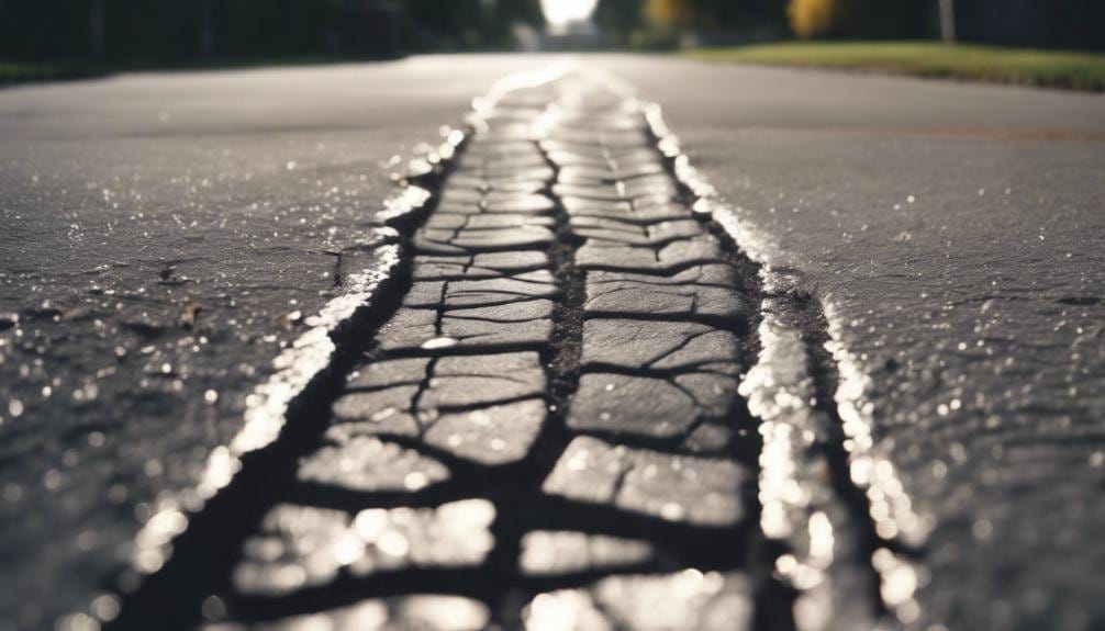 A well-paved driveway featuring smooth asphalt surface, bordered by neatly trimmed grass and small decorative rocks; sunlight casts shadows, enhancing the clean, professional appearance.