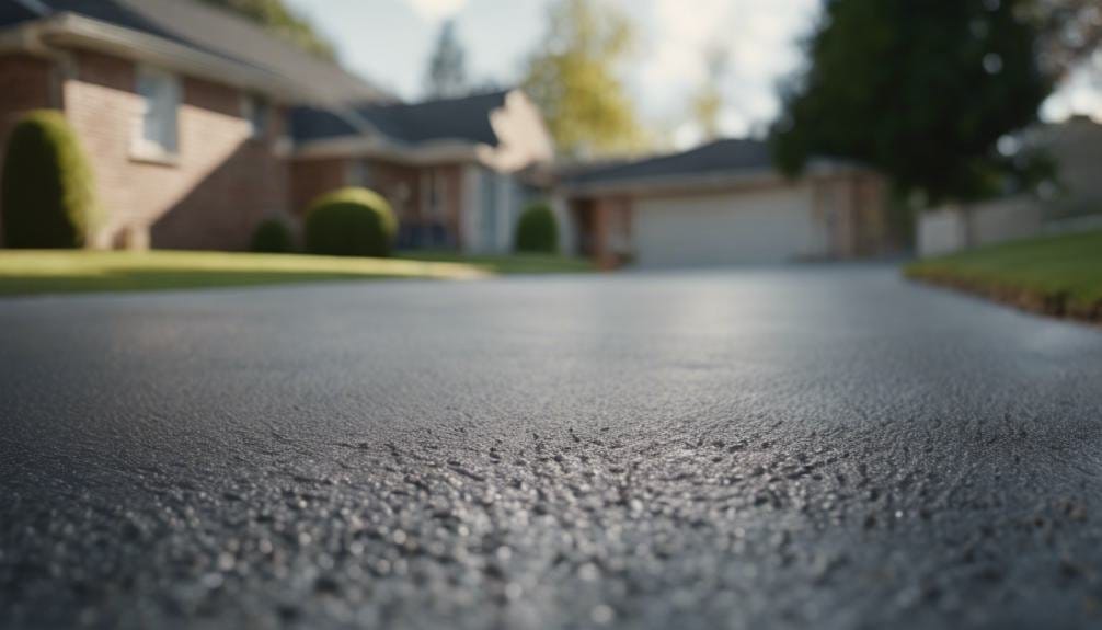 A close-up of a neatly paved asphalt driveway, with textured black surface and light gray concrete curbing. Green grass borders the edge, indicating a well-maintained landscape.