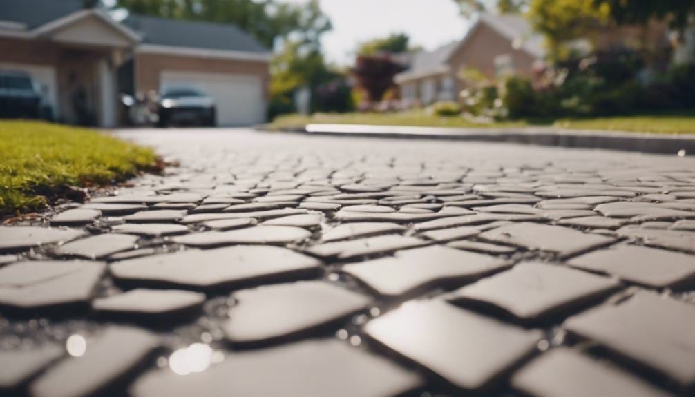 The image shows a freshly paved asphalt driveway, with a smooth, dark gray surface. Green grass borders the sides, and a few trees can be seen in the background under a clear blue sky.