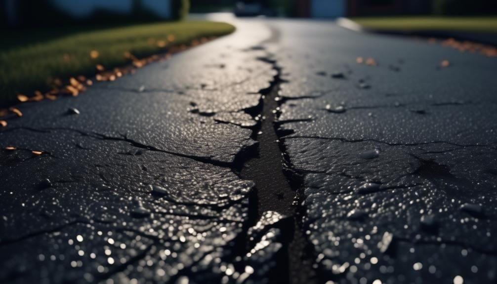 A close-up view of a freshly paved asphalt driveway. The dark, smooth surface contrasts with surrounding grass and soil, showcasing clean edges and a well-defined shape.