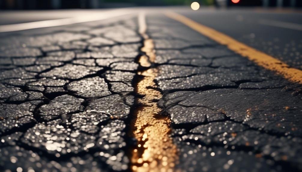 A road with cracks in it at night.