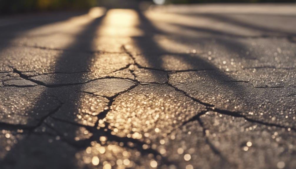 A graphic representation showing the effects of hot weather on asphalt. The image features an infographic with icons illustrating heat impacts, such as surface cracks, increased temperature, and maintenance needs.