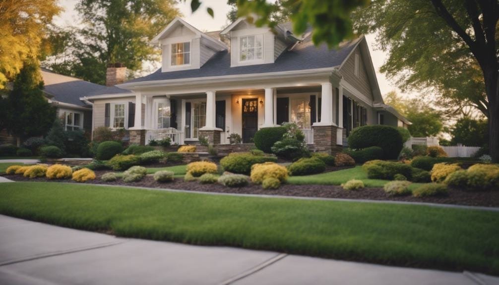 A well-maintained driveway with smooth asphalt, surrounded by green grass and colorful flower beds. The scene suggests affordable property aesthetic improvements.