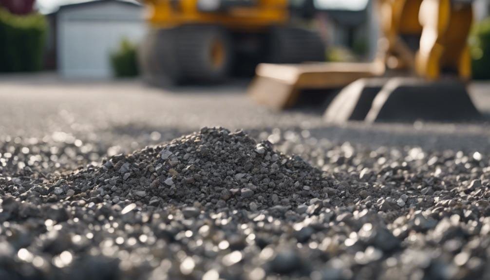 A construction worker carefully preparing a subbase for paving, using a shovel and compacting equipment on a gravel surface. The scene is outdoors, highlighting the importance of proper site preparation.