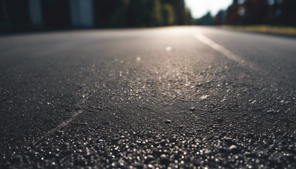 A close-up of a sunlit asphalt surface showing visible cracks and wear, emphasizing the impact of heat on asphalt. The image serves as a visual example of asphalt damage due to high temperatures.