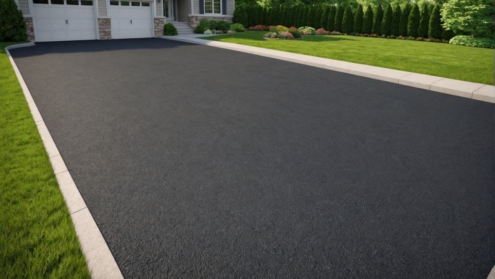 A worker applying sealcoating to a freshly paved asphalt surface, using a spray tool. The scene showcases the process of protecting asphalt from weather and wear.