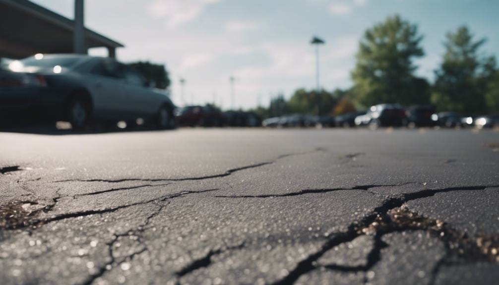 The image shows a worker applying a black sealant to a paved surface, using a roller and wearing gloves, ensuring a smooth and protective finish for asphalt. The background features trees and a clear blue sky.