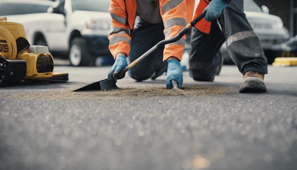 A worker applies sealant to a newly paved asphalt surface, showcasing meticulous planning. The scene highlights tools and a smooth black asphalt driveway, emphasizing attention to detail.