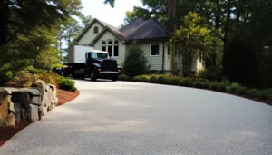 A truck is driving down a tar and chip driveway in front of a house.