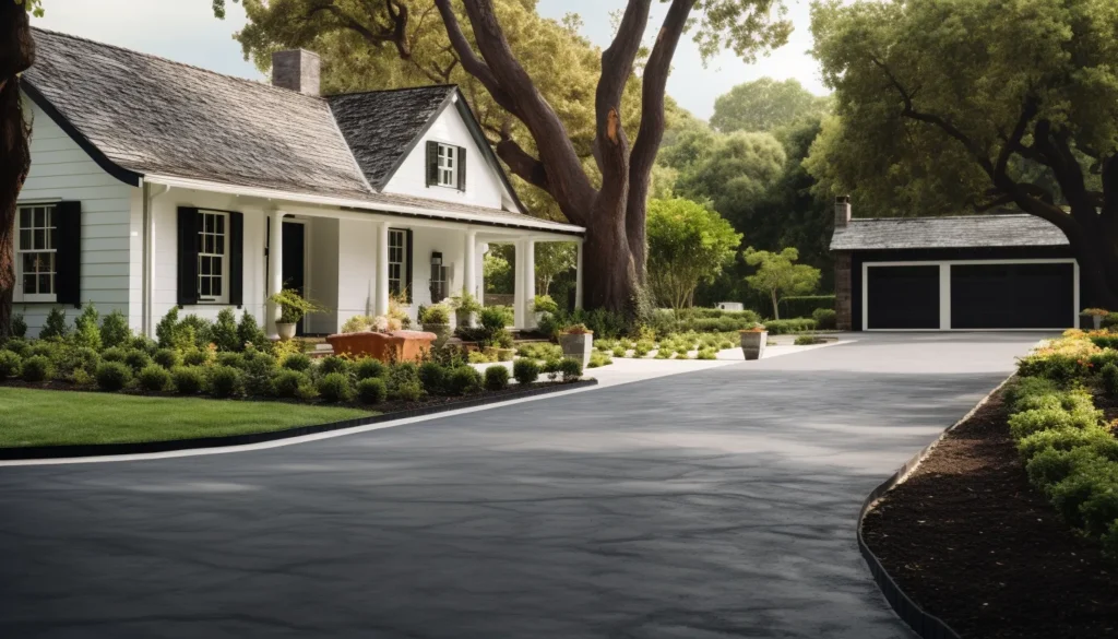 A driveway freshly paved black asphalt driveway with a white rancher style house in the background|A close-up of an asphalt spreader on a newly paved