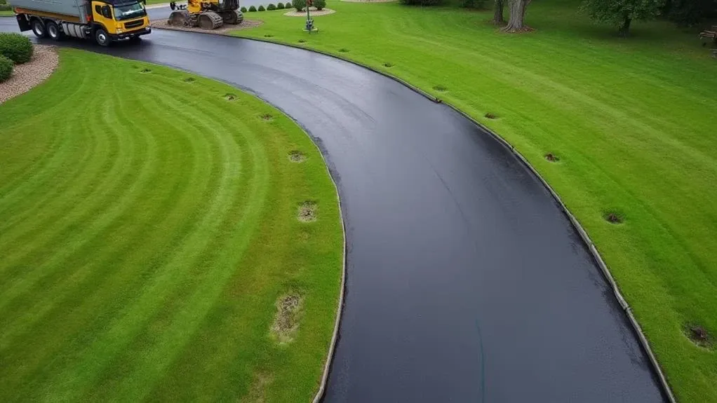 A freshly paved curved asphalt driveway in Mechanicsburg is bordered by vibrant green grass, with a yellow truck and construction equipment visible in the background, showcasing the smooth finish of an expertly applied asphalt overlay.