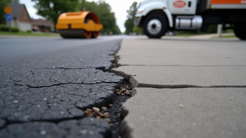 Close-up of asphalt repairs in Camp Hill, where cracked asphalt meets concrete on a street. A construction vehicle and a steamroller are visible in the background.