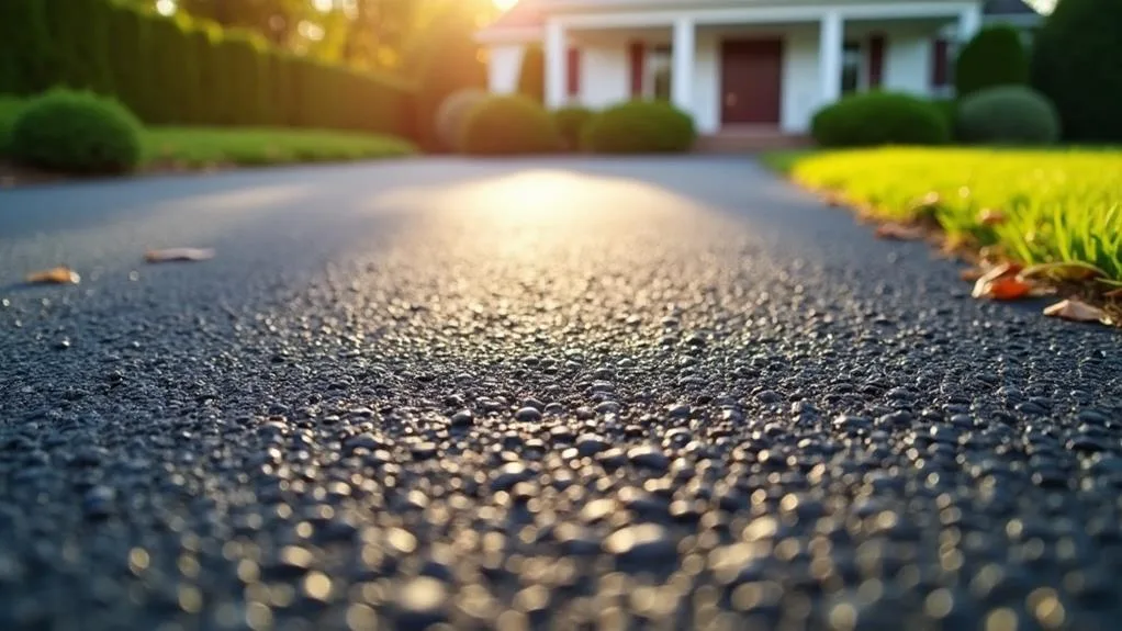 Close-up of a sunlit asphalt driveway, showcasing recent repairs in Camp Hill, leading to a house with green shrubs and trees in the background.