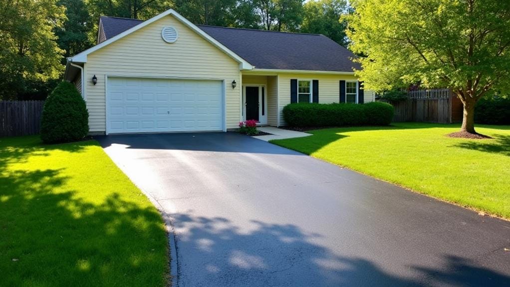 A charming single-story house in Camp Hill features a two-car garage, white siding, and a newly paved driveway with extensions. It's surrounded by a well-maintained lawn and mature trees, offering both functionality and pleasant curb appeal.
