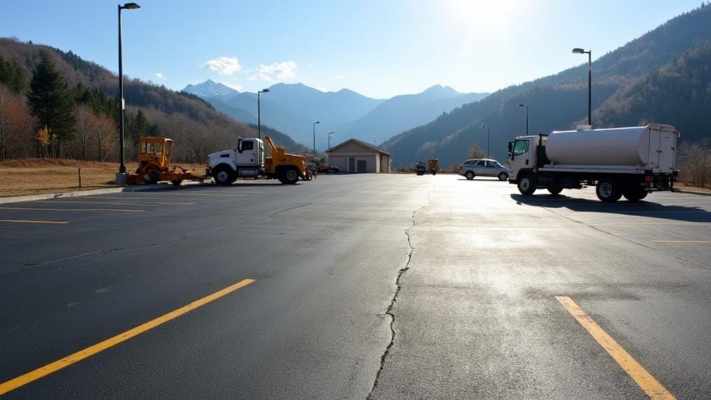 A freshly paved parking lot with yellow lines, showcasing parking lot maintenance in Camp Hill, features several maintenance vehicles. It’s a sunny day, and the majestic mountains provide a stunning backdrop.