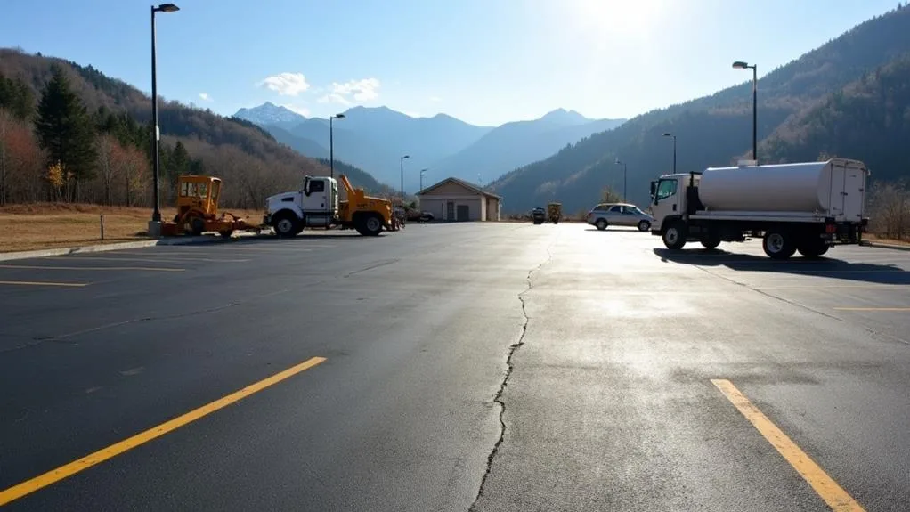 A freshly paved parking lot with yellow lines, showcasing parking lot maintenance in Camp Hill, features several maintenance vehicles. It’s a sunny day, and the majestic mountains provide a stunning backdrop.