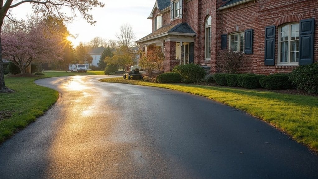 A curved asphalt driveway leads to a brick house with a porch, surrounded by a lawn and trees. The sun is setting in the background, casting a warm glow on the scene.