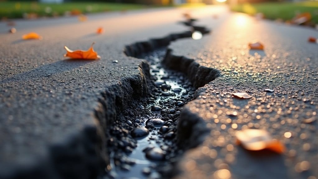 A close-up of a cracked asphalt road with small stones visible in the fissure. Fallen autumn leaves are scattered around, and the sun is setting in the background.