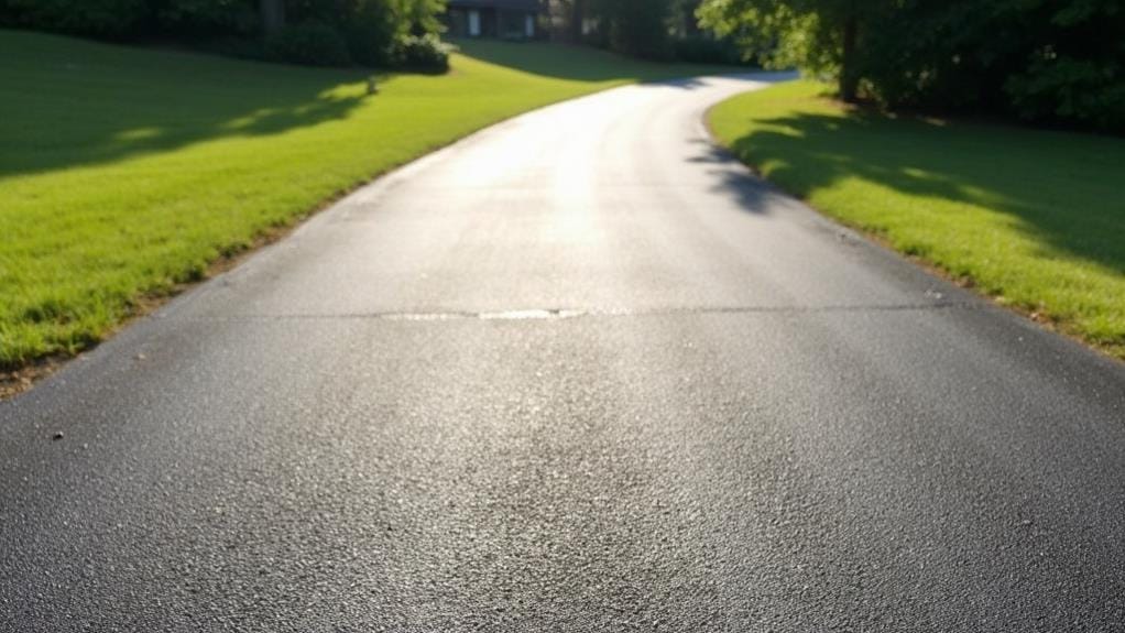 A sunlit, freshly paved road curves through a grassy area with trees in the background.