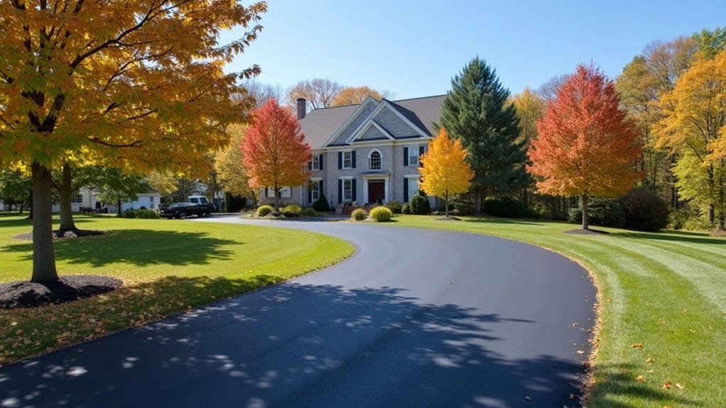 A two-story house with columns and a manicured lawn, surrounded by autumn trees with colorful leaves, viewed from a curved driveway under clear blue sky.
