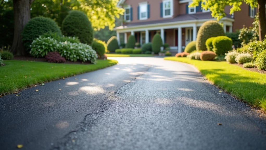 A smooth asphalt driveway leads to a large house with manicured bushes, trees, and flowerbeds in a sunlit, suburban yard.