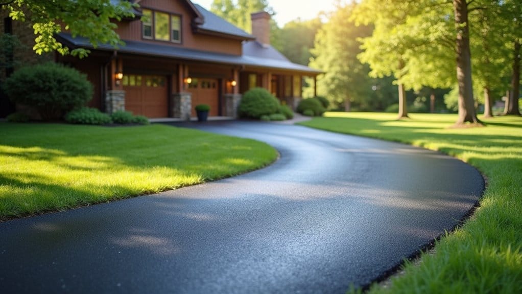 A curved, freshly paved asphalt driveway leads to a two-story house with a porch, surrounded by green grass and trees on a sunny day.