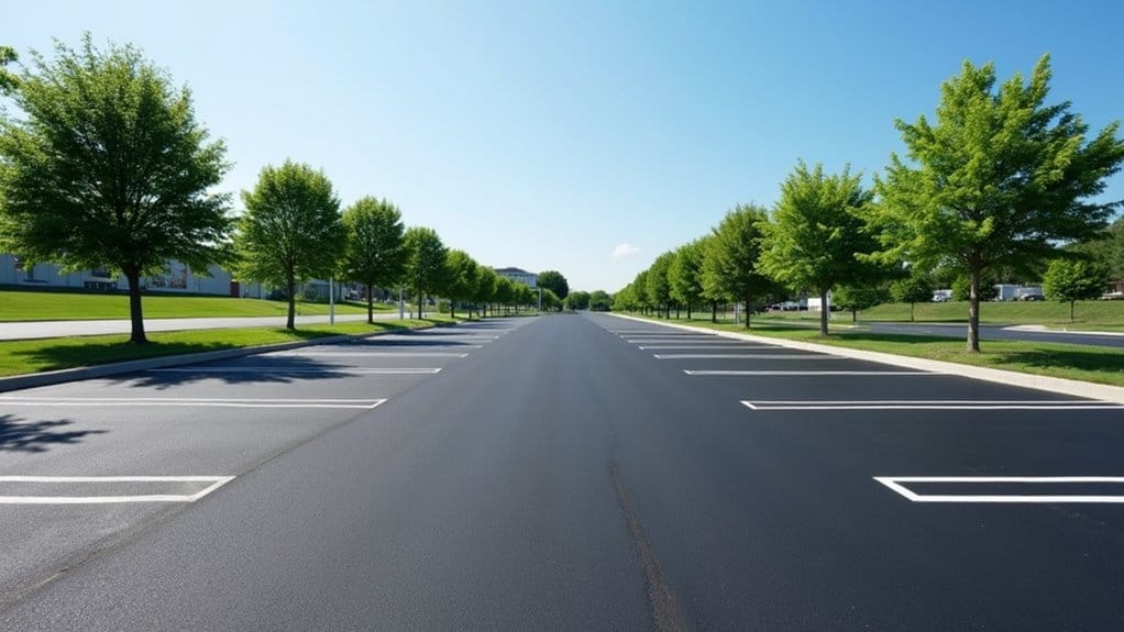 Empty parking lot with freshly painted white lines, bordered by green trees on both sides under a clear blue sky.