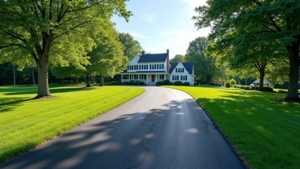 A paved driveway, showcasing new driveway installation in Dillsburg, curves toward a large white house with a porch, surrounded by green lawns and tall trees on a sunny day.