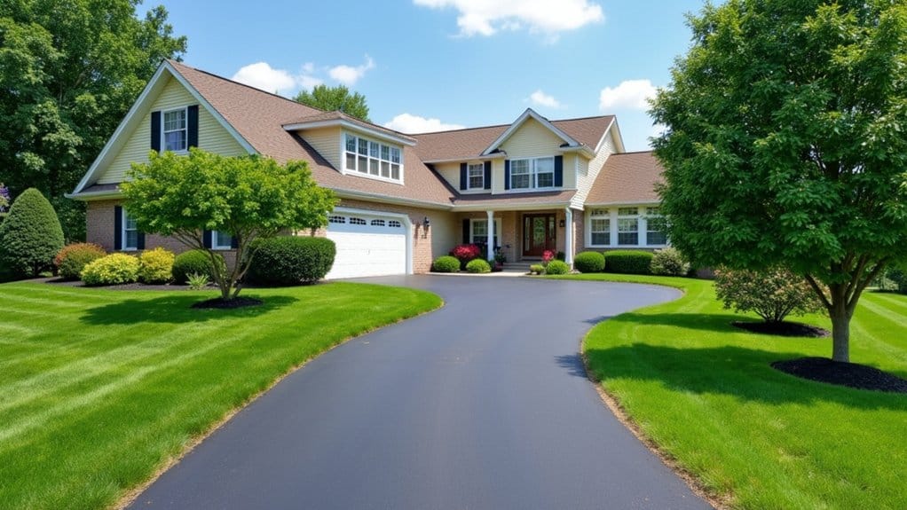 A large suburban house with light yellow siding, white trim, and a two-car garage features a manicured lawn, shrubs, and trees—perfect for those considering driveway extensions in Dillsburg on a clear, sunny day.
