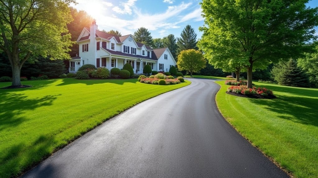 A paved driveway curves toward a two-story white house with green shutters, surrounded by manicured lawns, trees, and colorful flower beds under a sunny sky.