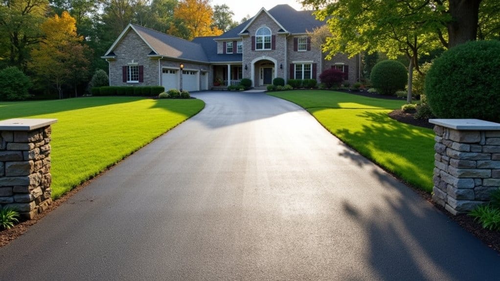 A large stone house with a three-car garage, manicured lawn, and a wide, freshly paved driveway lined with stone pillars and landscaped greenery.