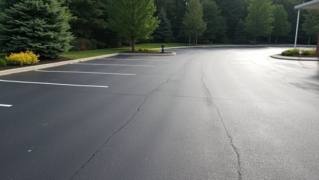 Empty parking lot with freshly paved asphalt, visible Parking Lot Striping in Dillsburg marking the spaces, and surrounding landscaped trees and shrubs.