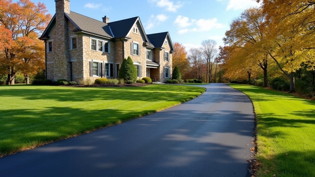 A stone house with dark roof sits amid a manicured lawn and trees with autumn foliage, with a freshly paved driveway leading up to it.