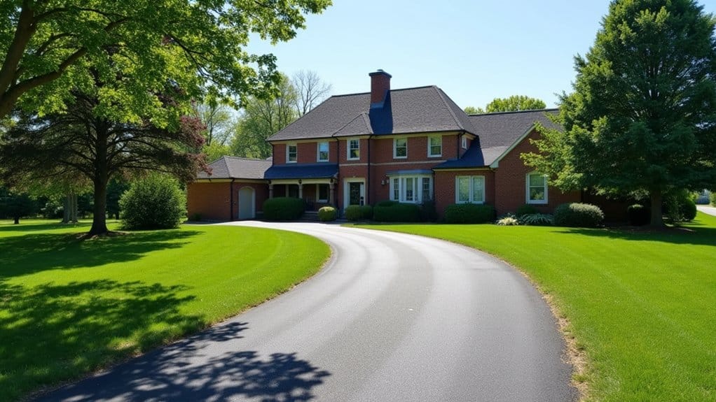 A two-story brick house with a dark roof and attached garage, set back from a curved driveway, surrounded by green lawn and trees on a sunny day.