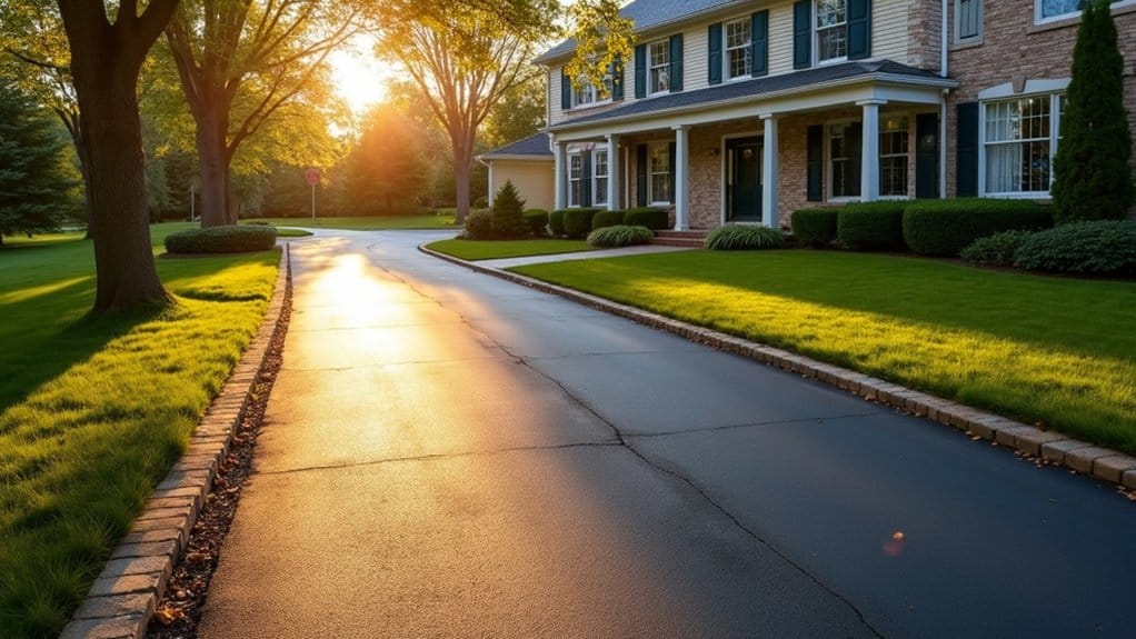 A suburban house with a brick exterior and green lawn, bordered by trees, is shown at sunset with sunlight reflecting off a freshly restored driveway after expert asphalt resurfacing in York.