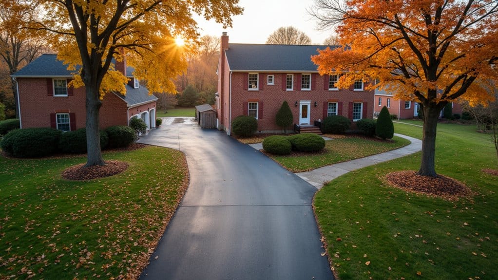 A two-story red brick house with a detached garage and newly completed driveway installation, surrounded by green lawns and trees with autumn foliage, shown at sunset.
