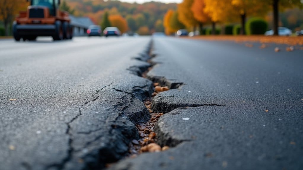 A close-up of a large crack running through the middle of an asphalt road highlights the need for Parking Lot Maintenance In Gettysburg, with vehicles and autumn trees visible in the background.