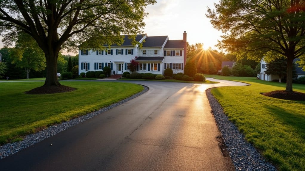 A wide, curved driveway crafted by Residential Asphalt Paving In York leads to a large white two-story house with black shutters, surrounded by manicured lawns and trees at sunset.
