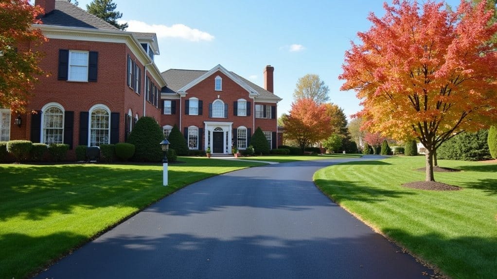 A large red-brick house with black shutters sits beside a curved, newly finished driveway—showcasing expert asphalt resurfacing in Hanover—surrounded by green lawns and trees with autumn foliage.