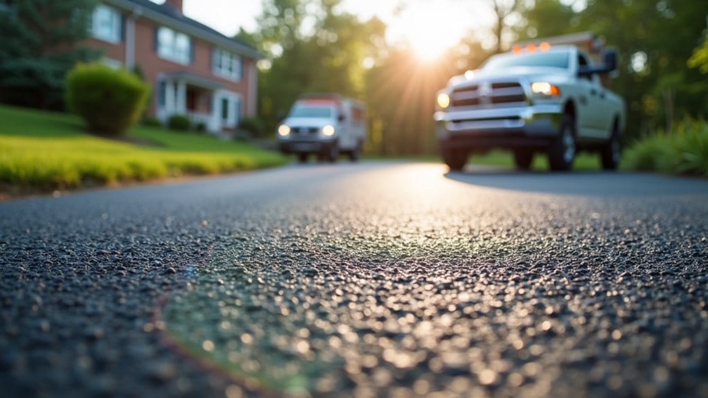 Close-up view of a paved suburban street, freshly finished with asphalt seal coating, featuring two emergency vehicles and a house in the background during sunrise or sunset.