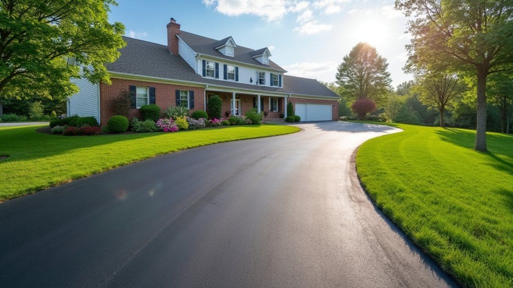 A large suburban house with a brick and white exterior, manicured lawn, colorful shrubs, and a curved, newly paved driveway—showcasing the possibilities of Driveway Extensions In Hanover—basks under the sun with a welcoming front porch.