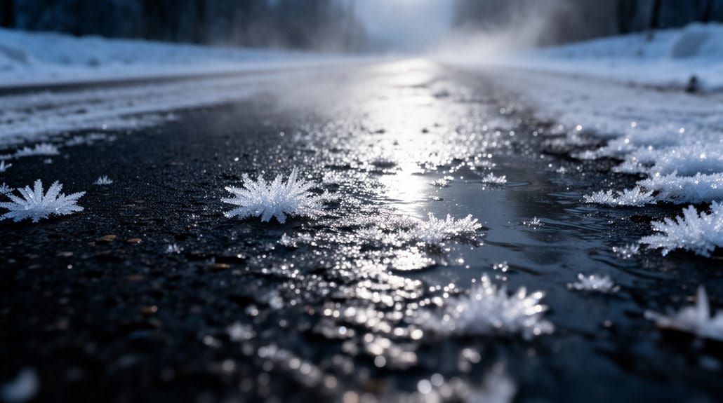 thin transparent ice on asphalt