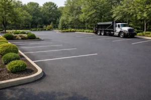 A mostly empty parking lot with marked spaces, landscaped shrubbery, and a single black dump truck parked near the trees in the background suggests recent or ongoing parking lot maintenance.