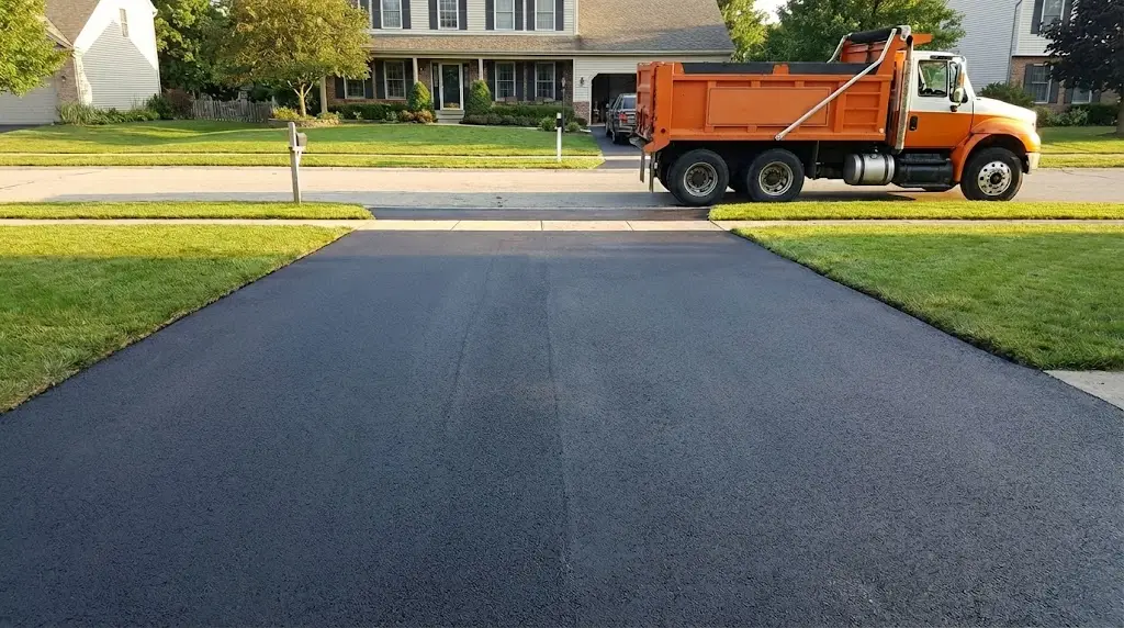 A freshly paved asphalt driveway, built with proper asphalt driveway thickness, sits in front of a suburban house with an orange dump truck parked on the street.