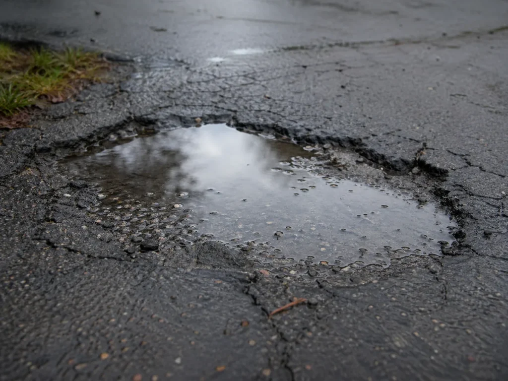 Large pothole filled with water on a cracked asphalt road, with some grass visible at the edge of the pavement—highlighting the need for effective driveway drainage solutions.